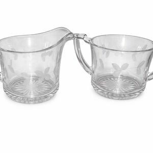 Vintage Clear Glass Creamer and Sugar Set with Etched Floral Design